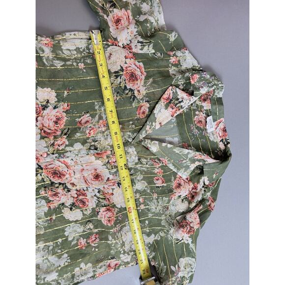 Hemant & Nandita Button Down Short Sleeve Blouse Floral Green L FLAW - Picture 4 of 12